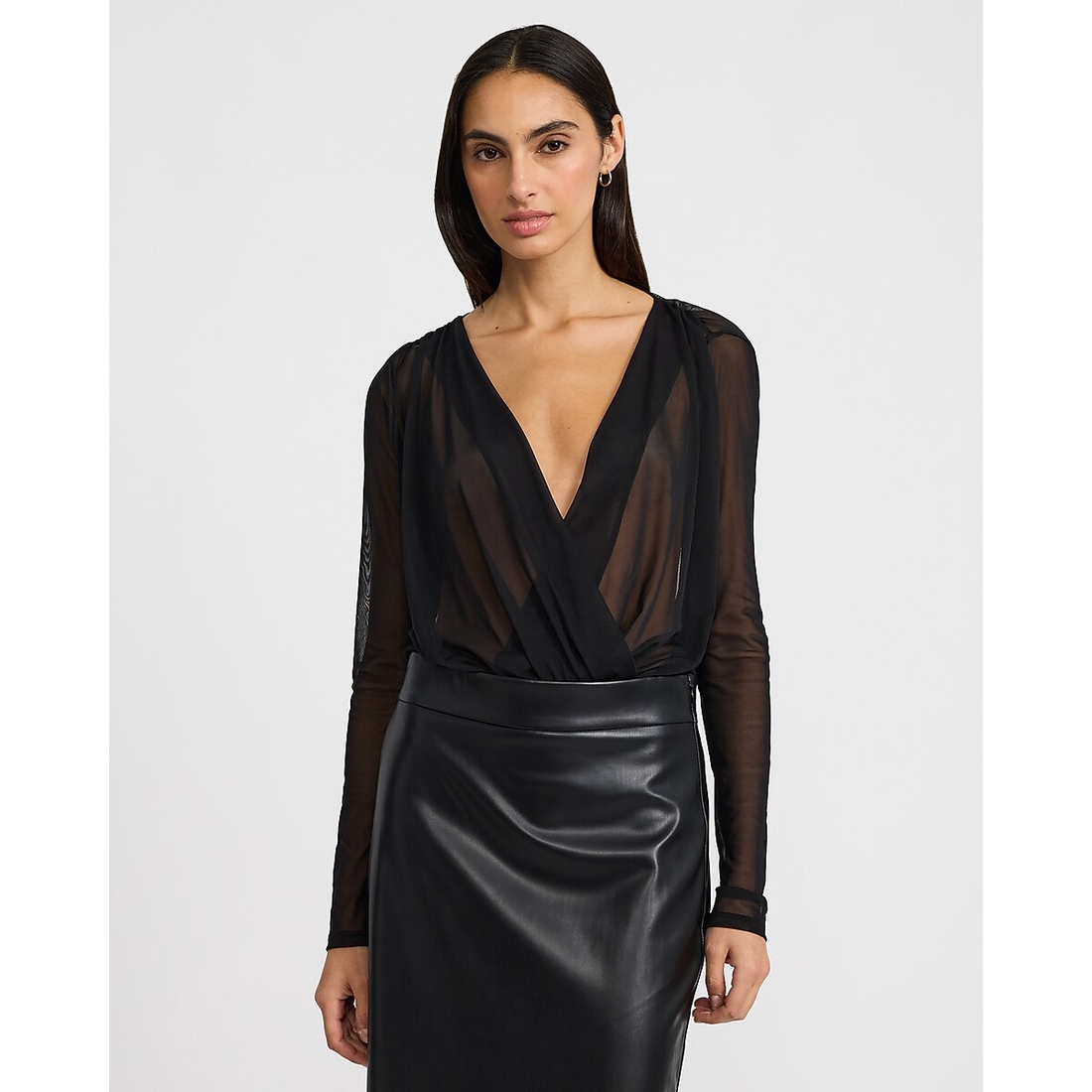Express Sheer Mesh V-Neck Surplice Long Sleeve Bodysuit