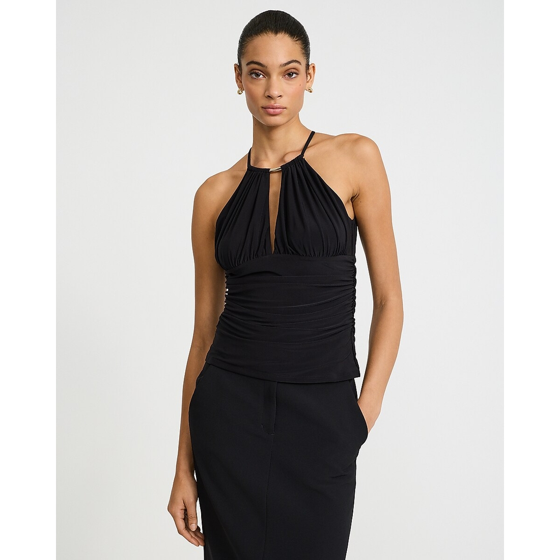 Express Matte Jersey Halter Hardware Double Keyhole Ruched Top