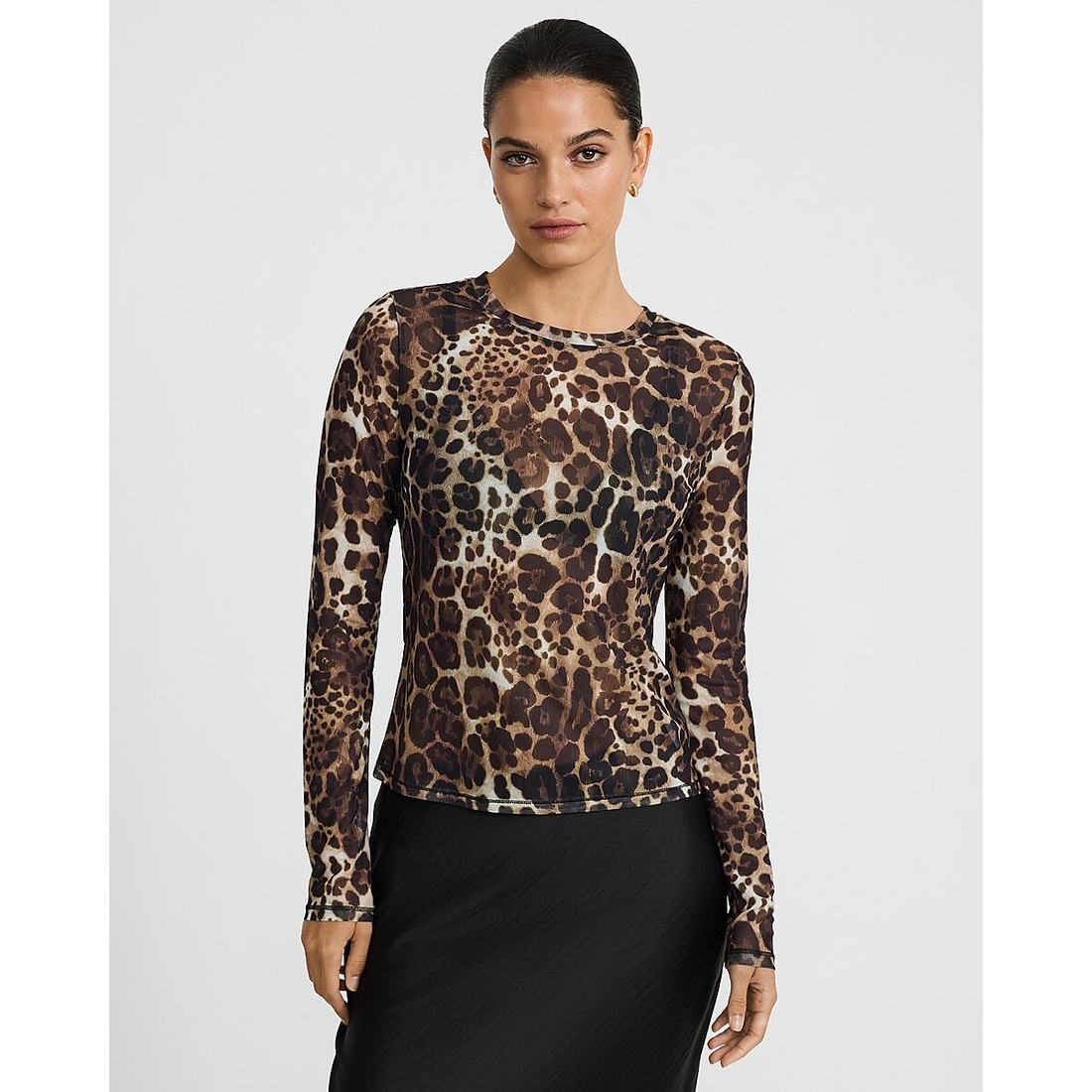 Express Leopard Mesh Crew Neck Long Sleeve Tee