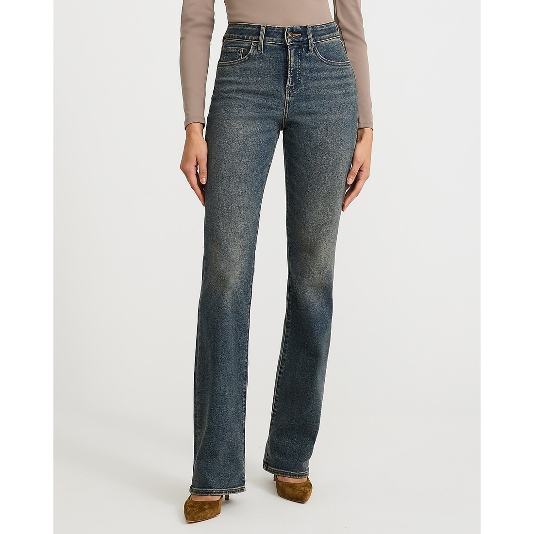 Express Mid Rise Bootcut Dark Wash Jeans in Hyper Stretch