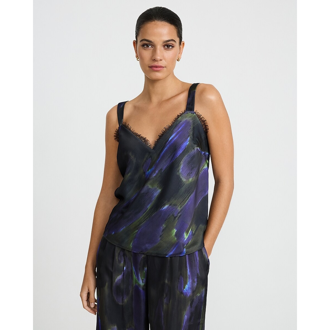 Express Printed Satin Lace Trim V-Neck Wide Strap Cami