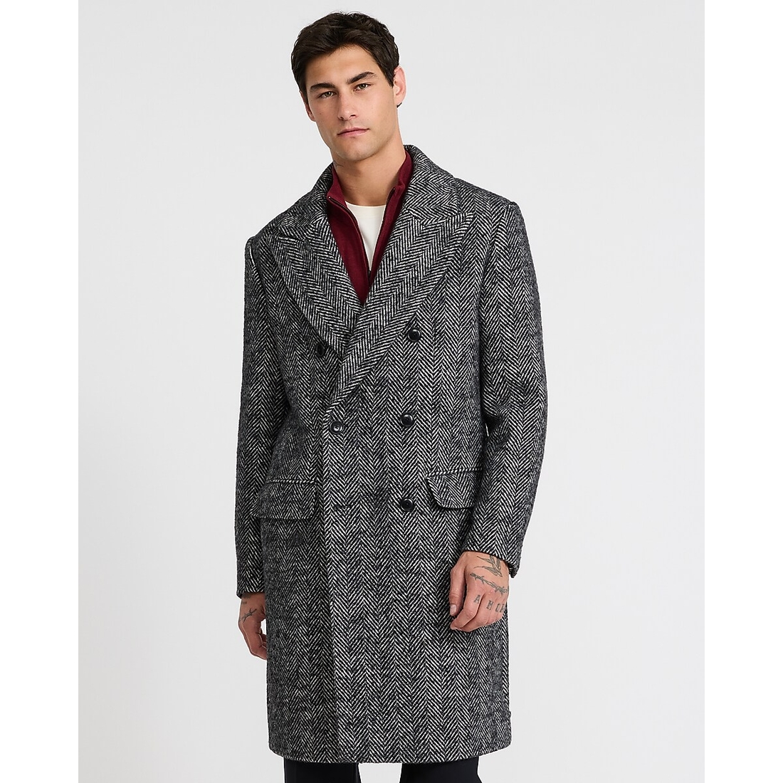 Express Black and White Herringbone Wool-Blend Double Breasted Topcoat