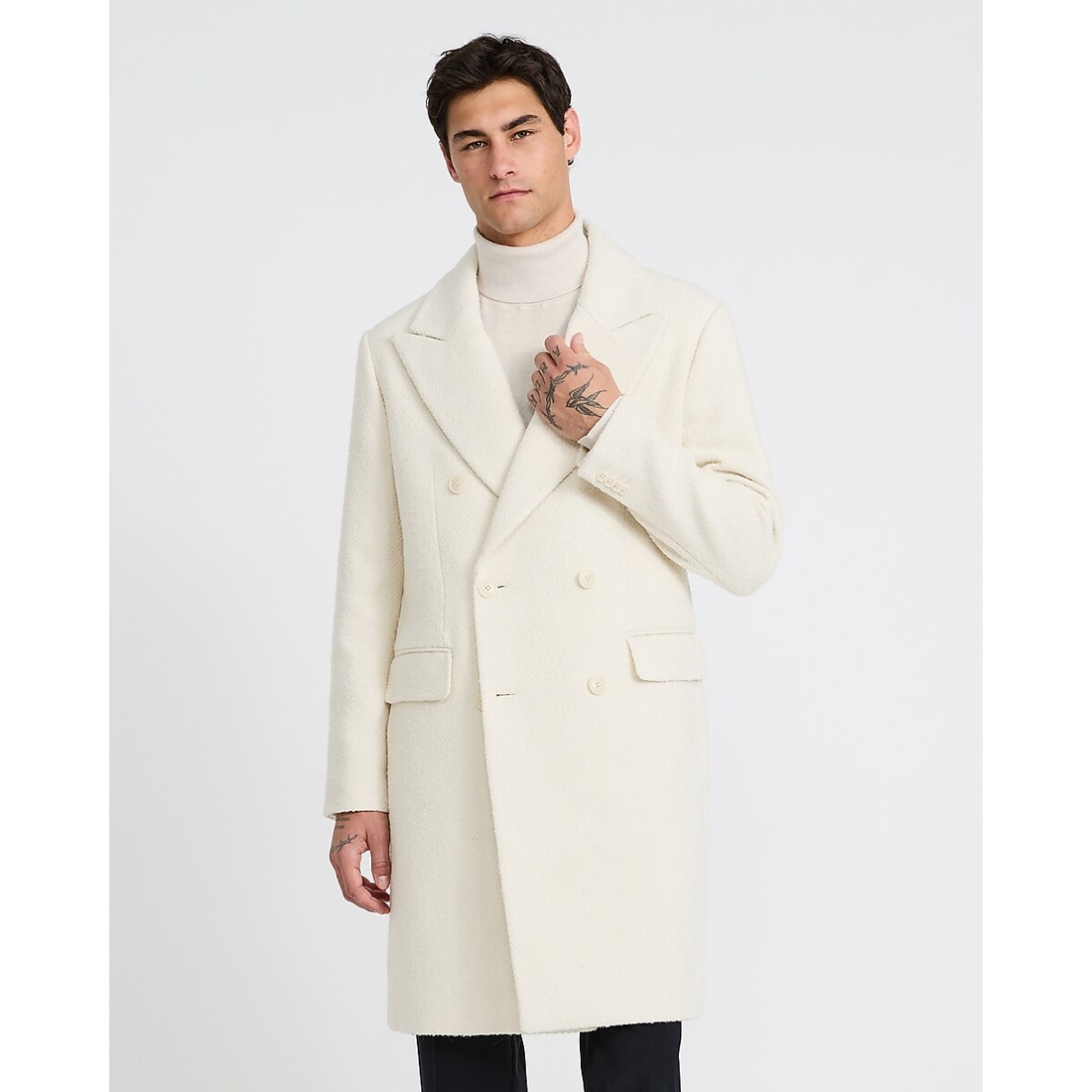 Express Ivory Herringbone Wool-Blend Double Breasted Topcoat