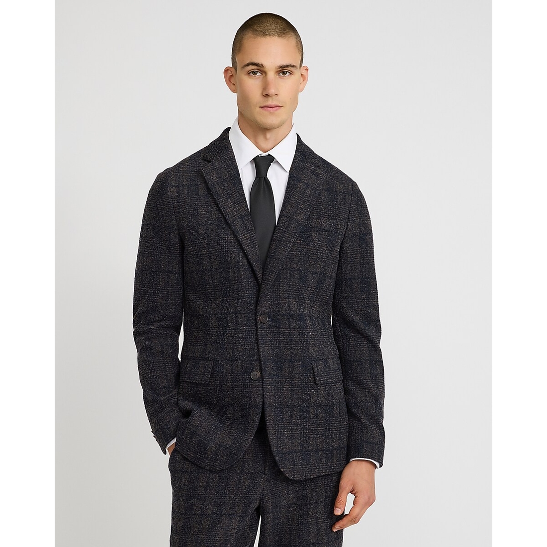 Express Slim Navy Plaid Wool-Blend Boucle Suit Jacket