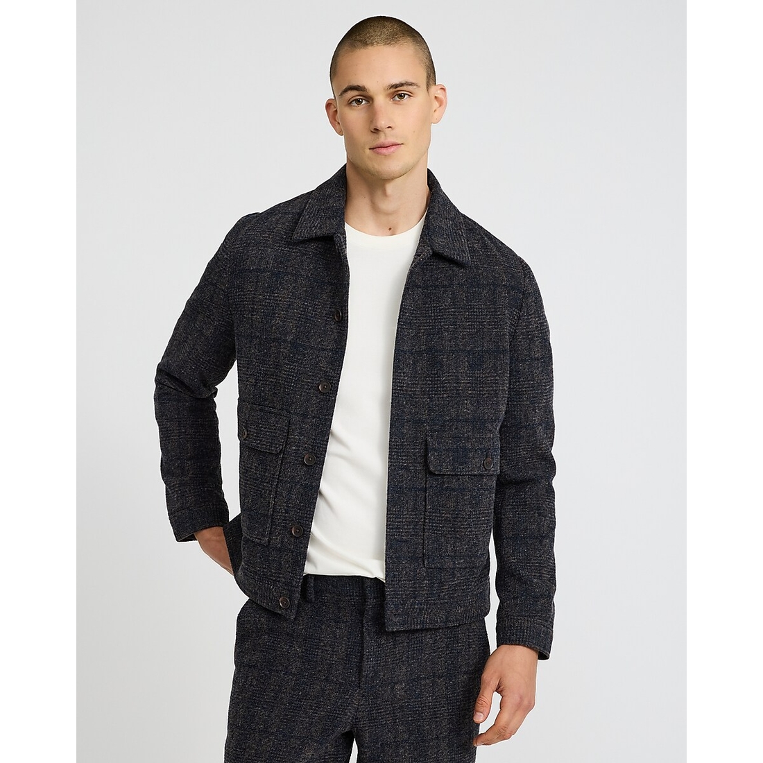 Express Navy Plaid Boucle Wool-Blend Bomber Jacket
