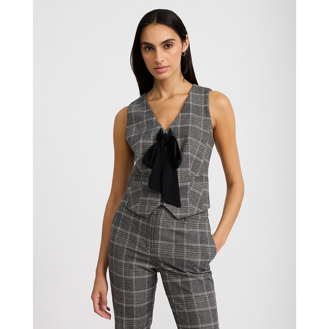Express Plaid V-Neck Bow Front Blazer Vest