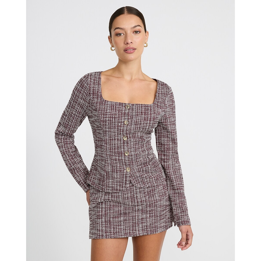 Express Tweed Square Neck Long Sleeve Gold Button Top