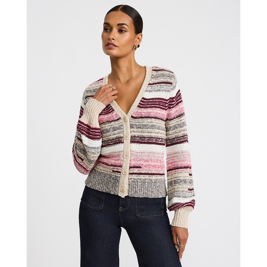 Express Striped V-Neck Long Sleeve Cardigan