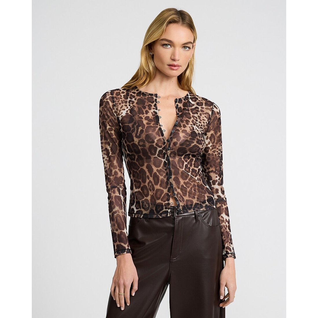 Express Sheer Leopard Mesh Button Front Top