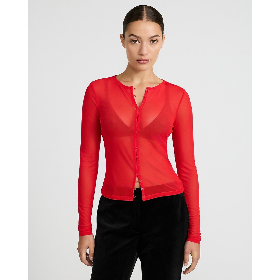 Express Sheer Mesh Button Front Top