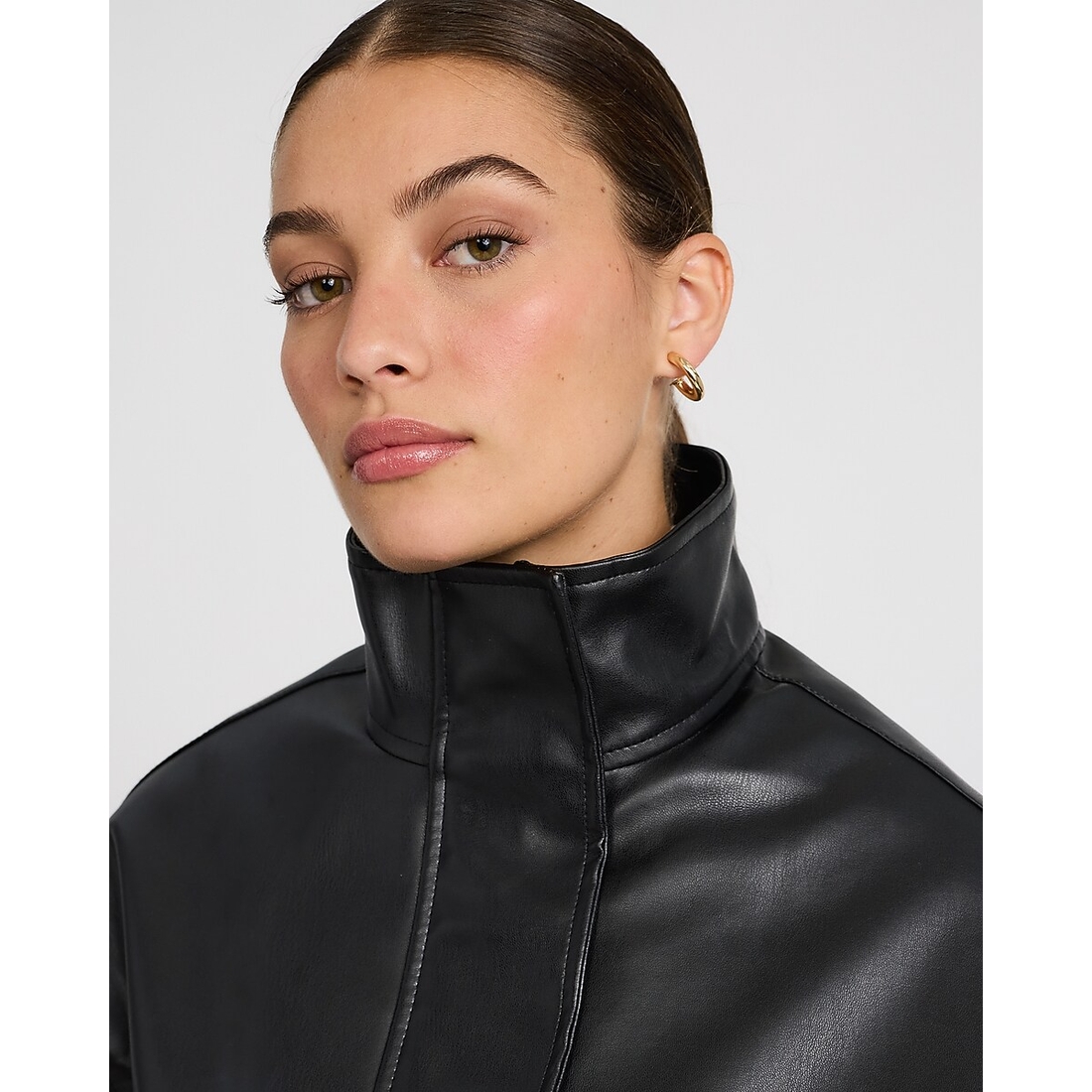Express Faux Leather Funnel Neck Zip Front Bomber Jacket