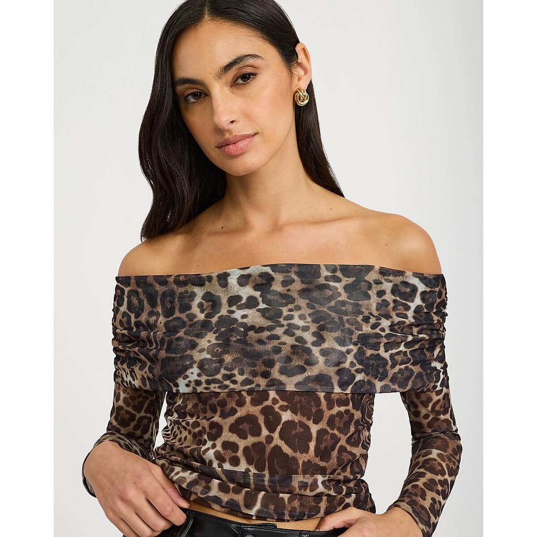 Express Leopard Mesh Off The Shoulder Long Sleeve Top