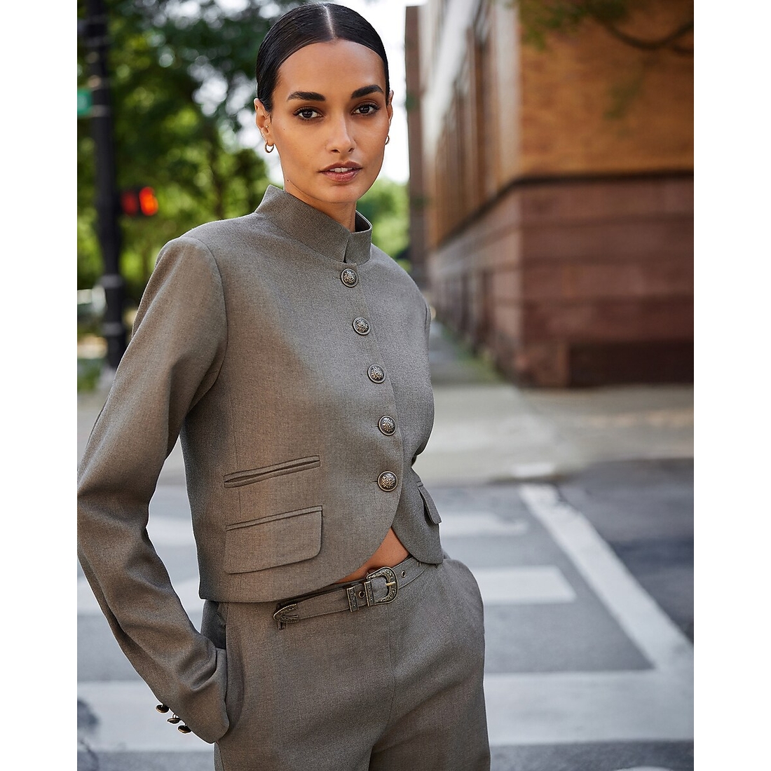 Express Mock Neck Military Button Cutaway Blazer