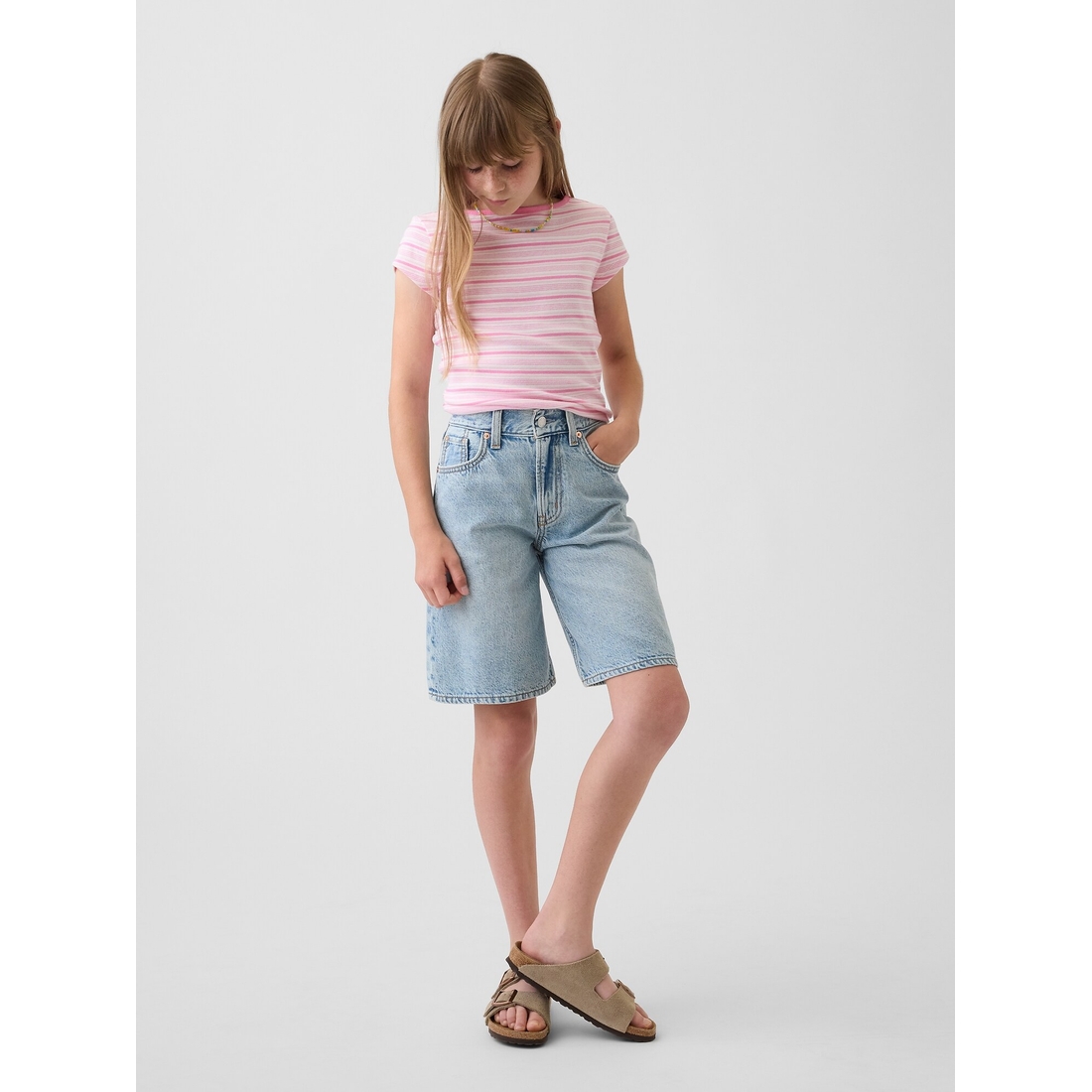 undefined Girls' Mid Rise Longline Denim Shorts available now at undefined Girls' Mid Rise Longline Denim Shorts available now at