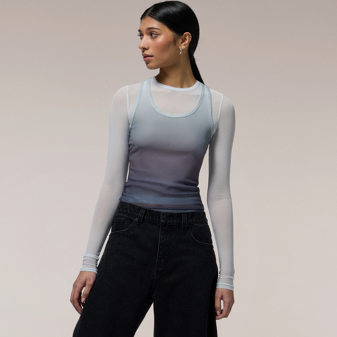 Cozi Womens Long Sleeve Layered Mesh Top