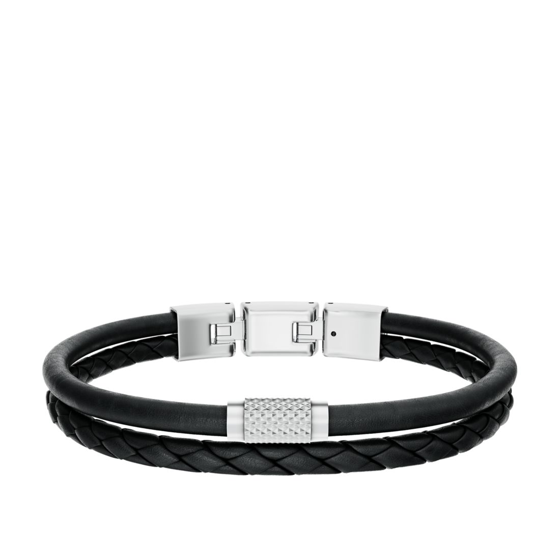 Fossil Men's Machine Knurled Texture Black Leather Multi-Strand Bracelet