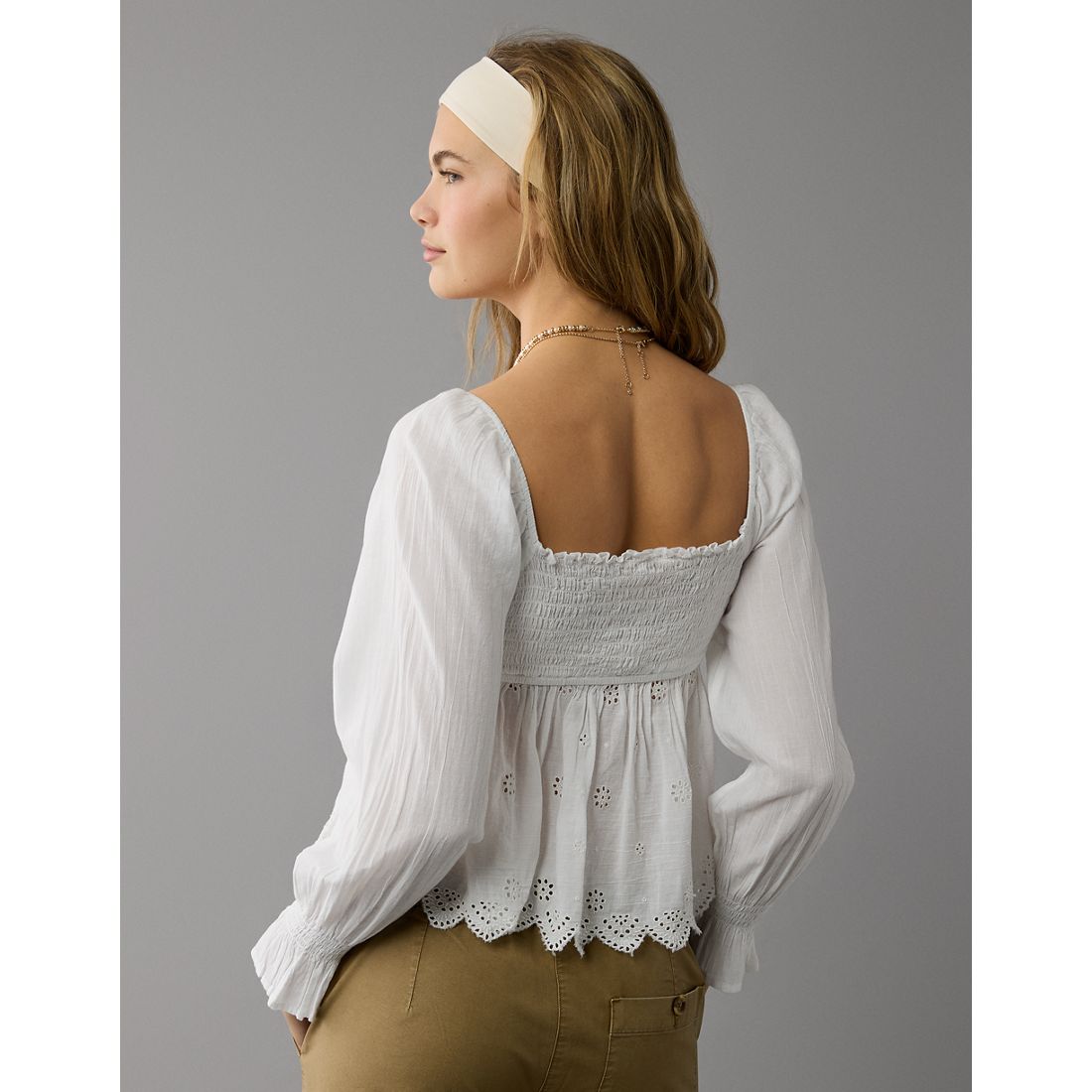 American Eagle AE Long-Sleeve Smocked Babydoll Blouse