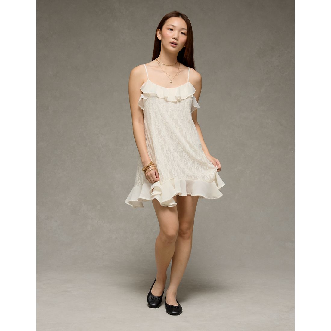American Eagle AE Lace Handkerchief Hem Ruffle Mini Dress available now at The Westchester American Eagle AE Lace Handkerchief Hem Ruffle Mini Dress available now at The Westchester