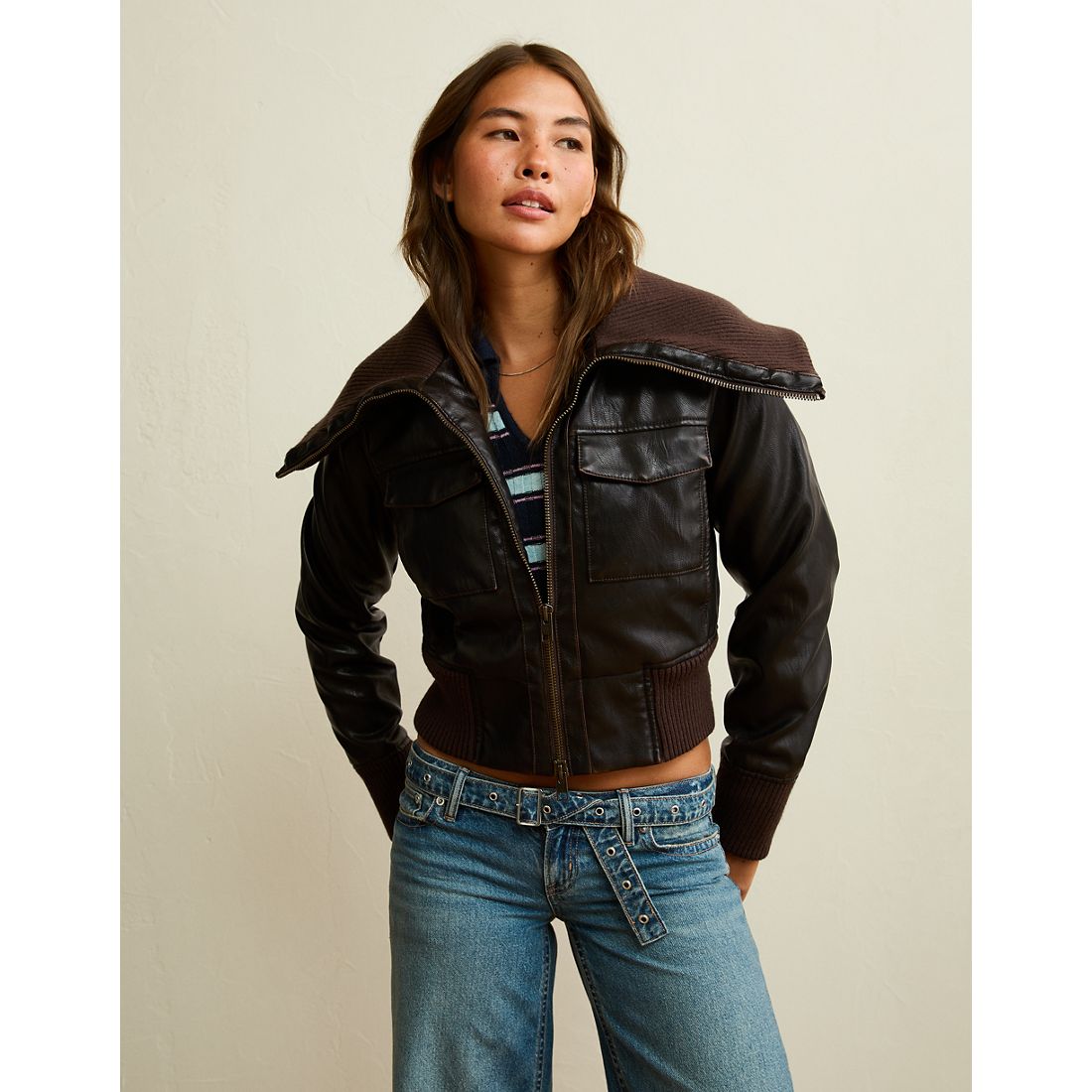 American Eagle AE Shrunken Vegan Leather Bomber Jacket