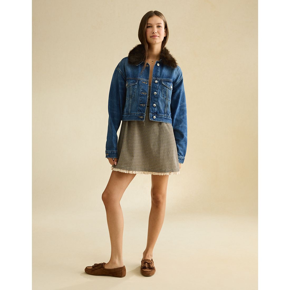 American Eagle AE Cropped Fur Collar Denim Jacket
