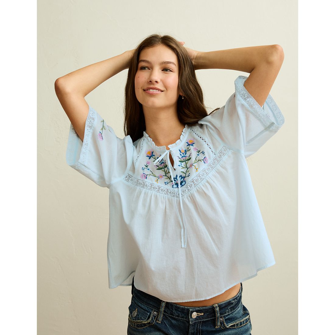 American Eagle AE Flutter-Sleeve Embroidered Top
