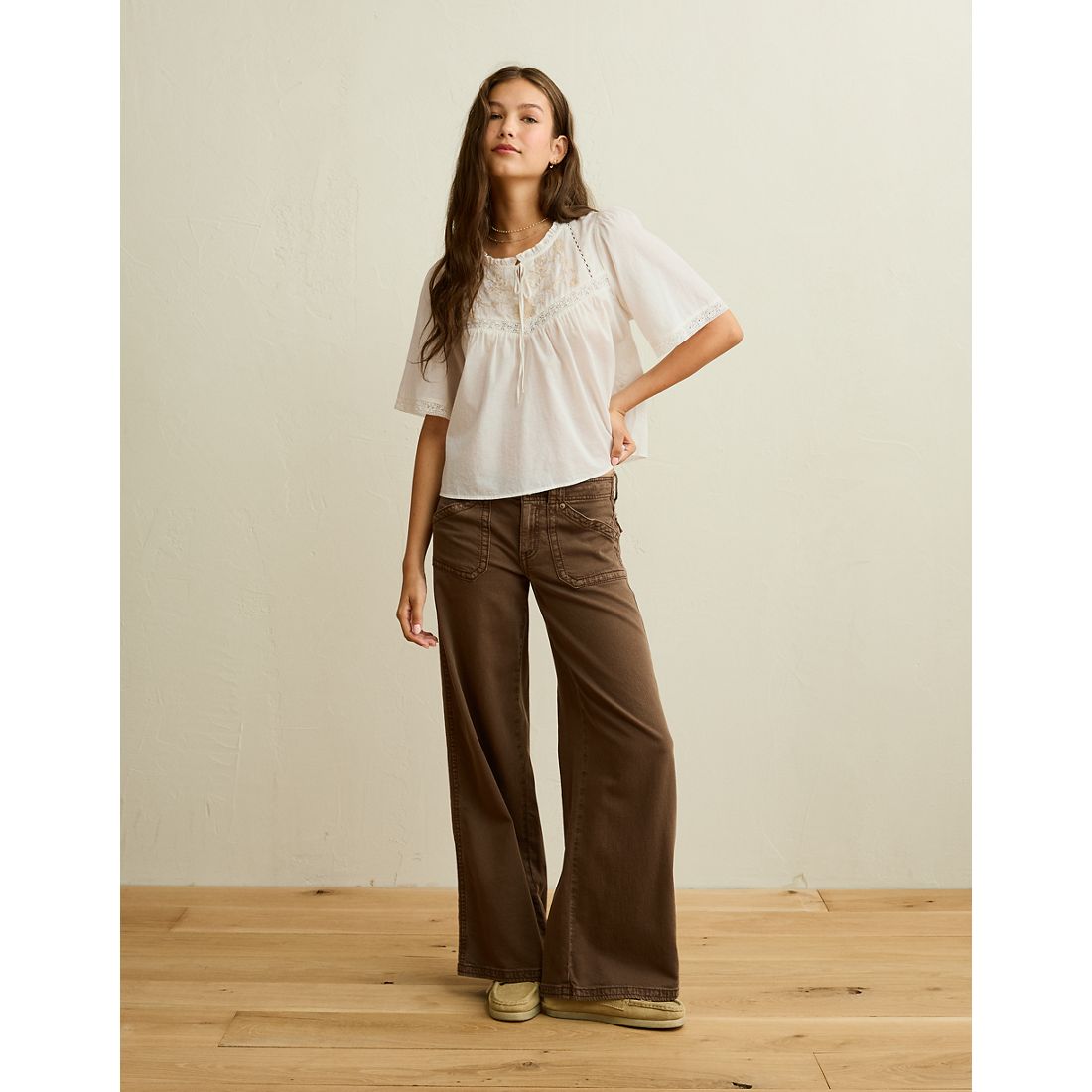 American Eagle AE Flutter-Sleeve Embroidered Top