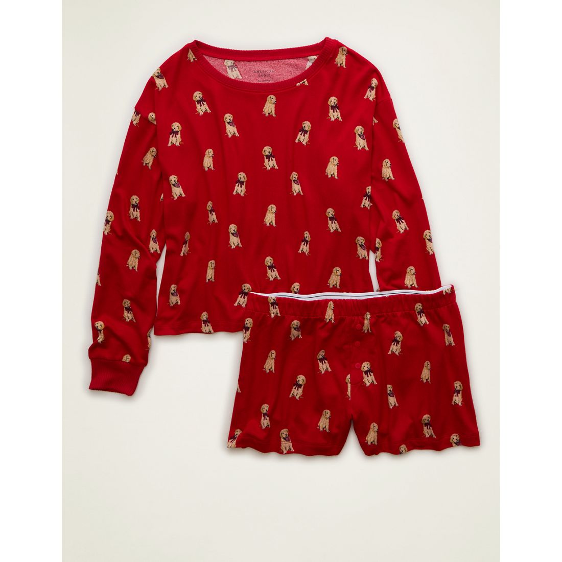 American Eagle AE Luxe Plush Long Sleeve + Short PJ Set