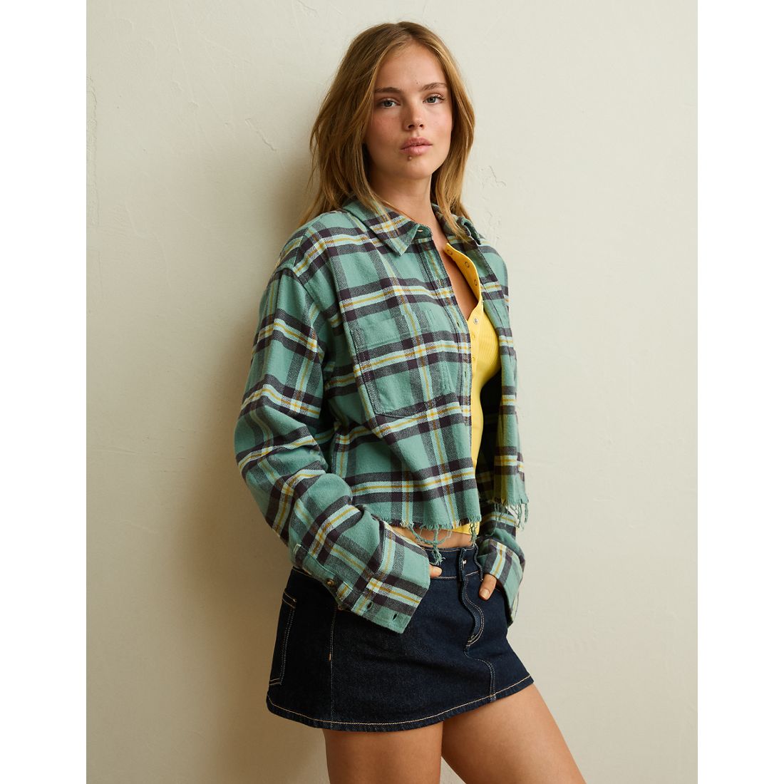 American Eagle AE Cropped Button-Up Shirt