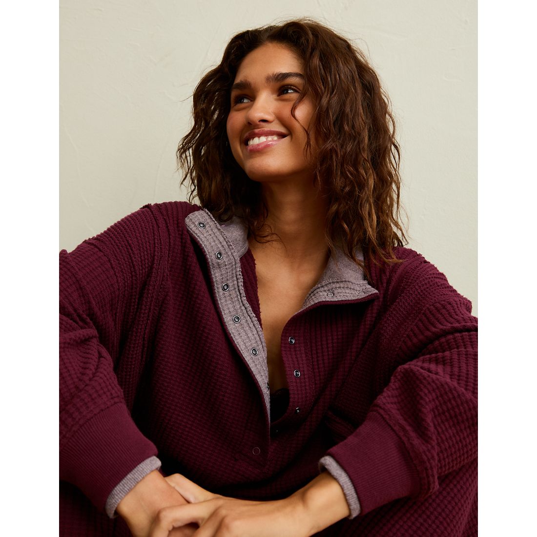 American Eagle AE Big Hug Snap-Front Henley Sweatshirt
