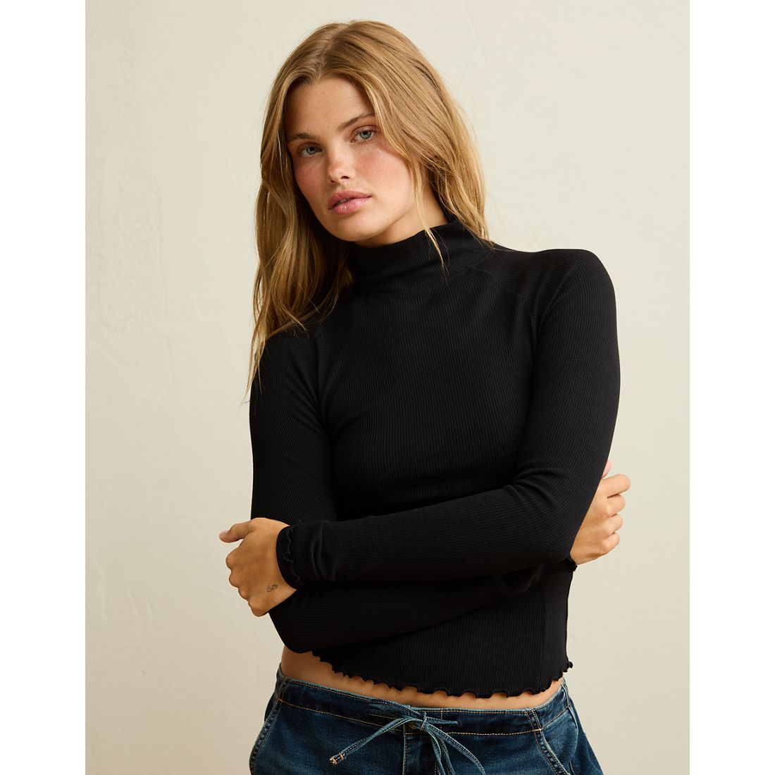 American Eagle AE Soft & Sexy Waffle Mock Neck Tee