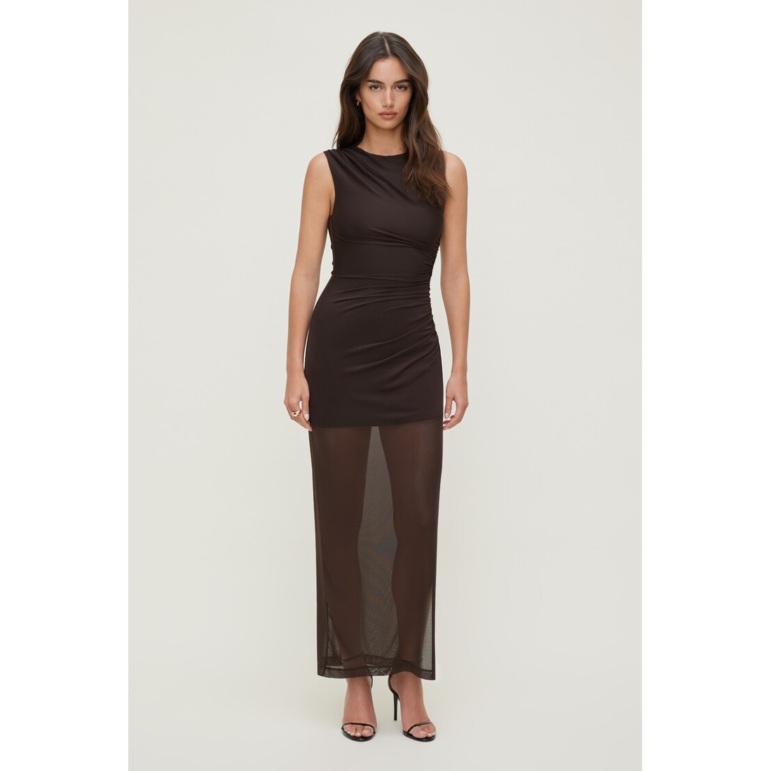 Dynamite Sheer Shirred Mesh Maxi Dress