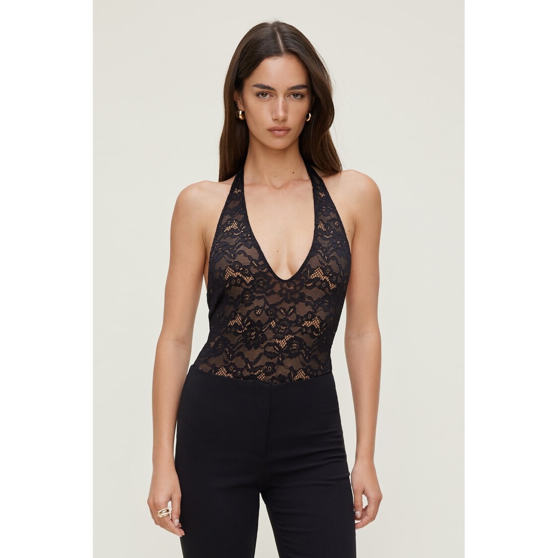Dynamite Lace Plunge Halter Bodysuit