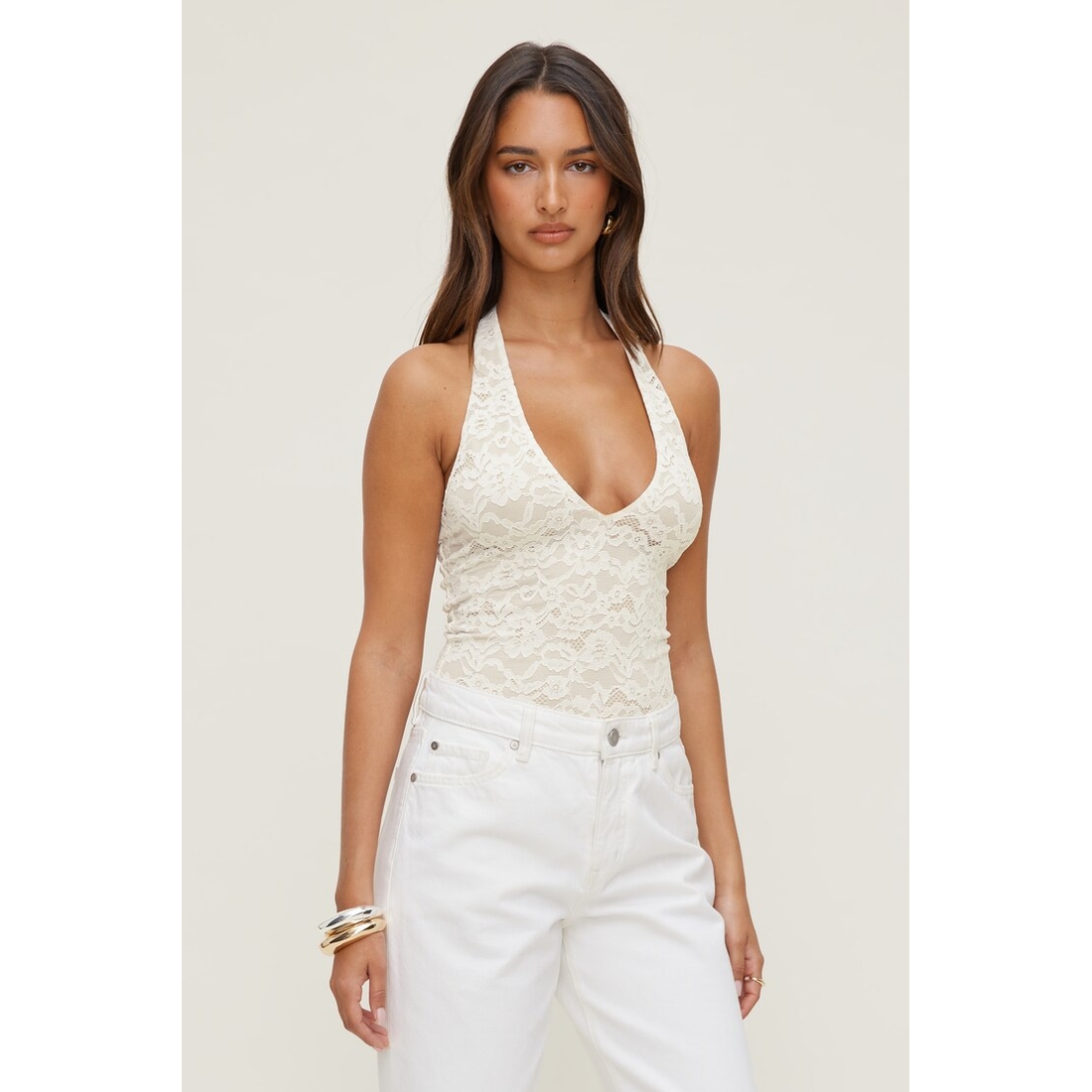 Dynamite Lace Plunge Halter Bodysuit