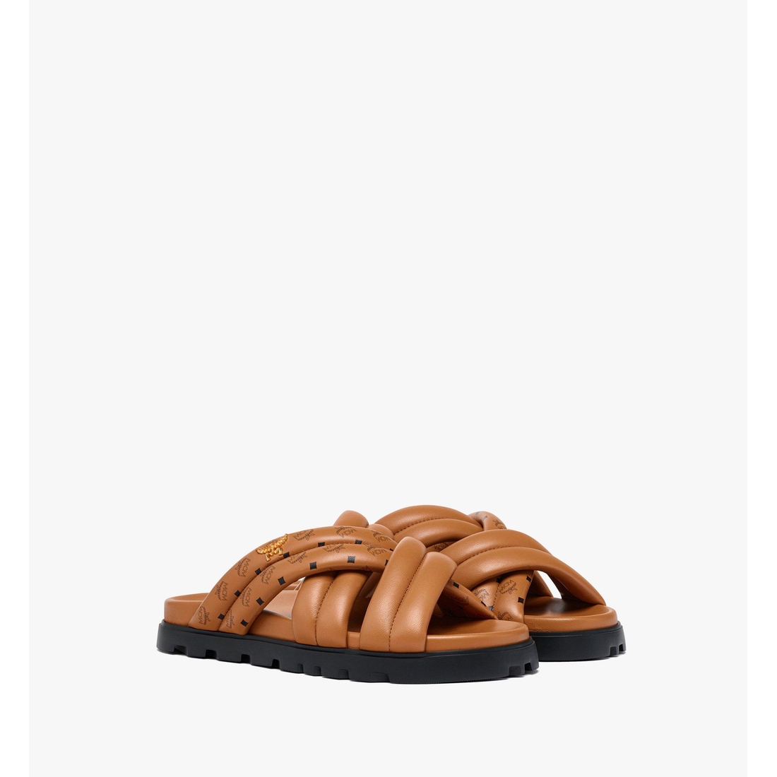 Mcm Monogram Print Cross Sandals in Lambskin COGNAC