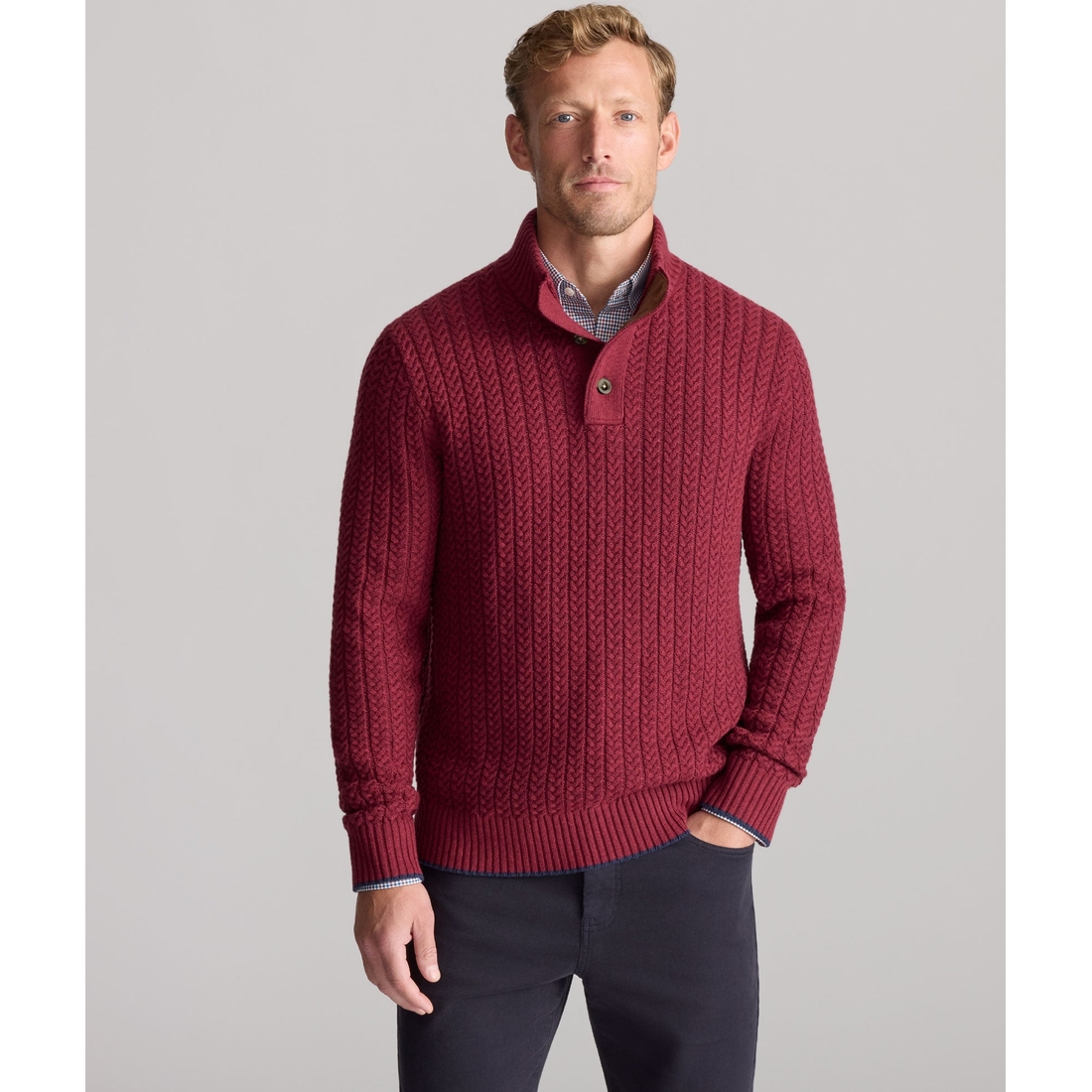 Untuckit Cable-Knit Button Neck Sweater