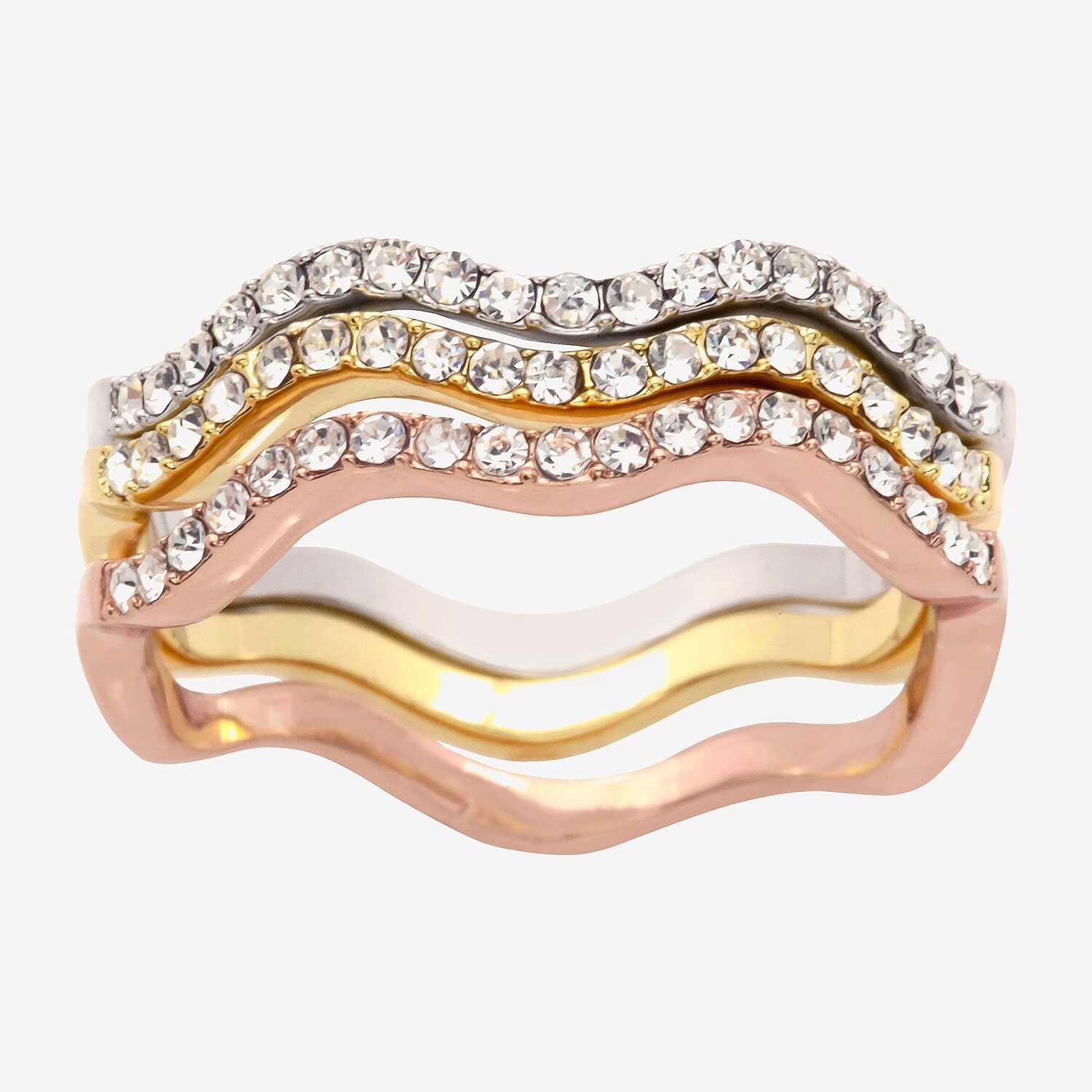 Sparkle Allure Wavy Delicate Stackable Womens Crystal 14K Gold Over Brass 18K Rose Gold Over Brass Delicate Ring Set