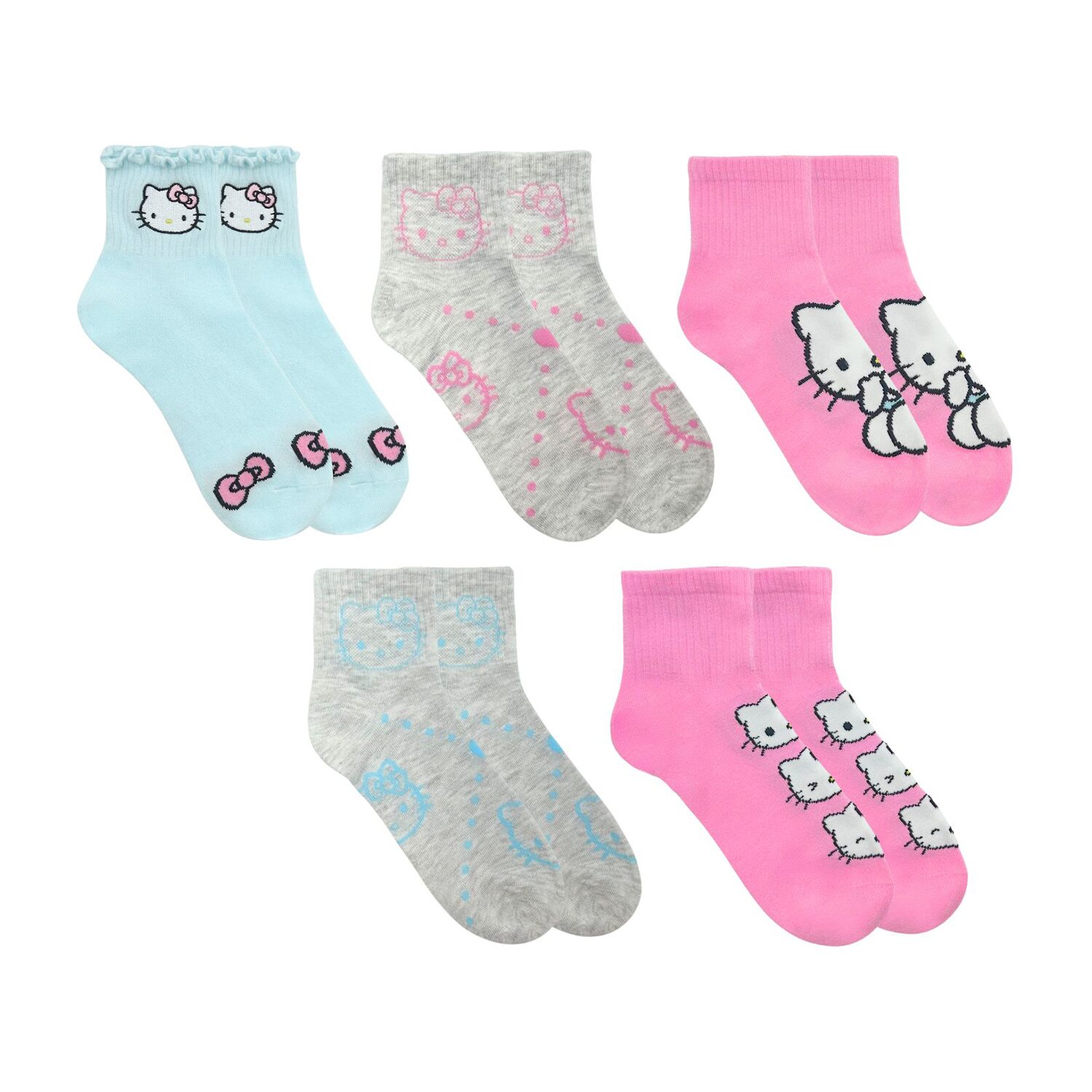 Licensed Properties Womens Multi-Pack 5 Pair Hello Kitty Quarter Ankle Socks