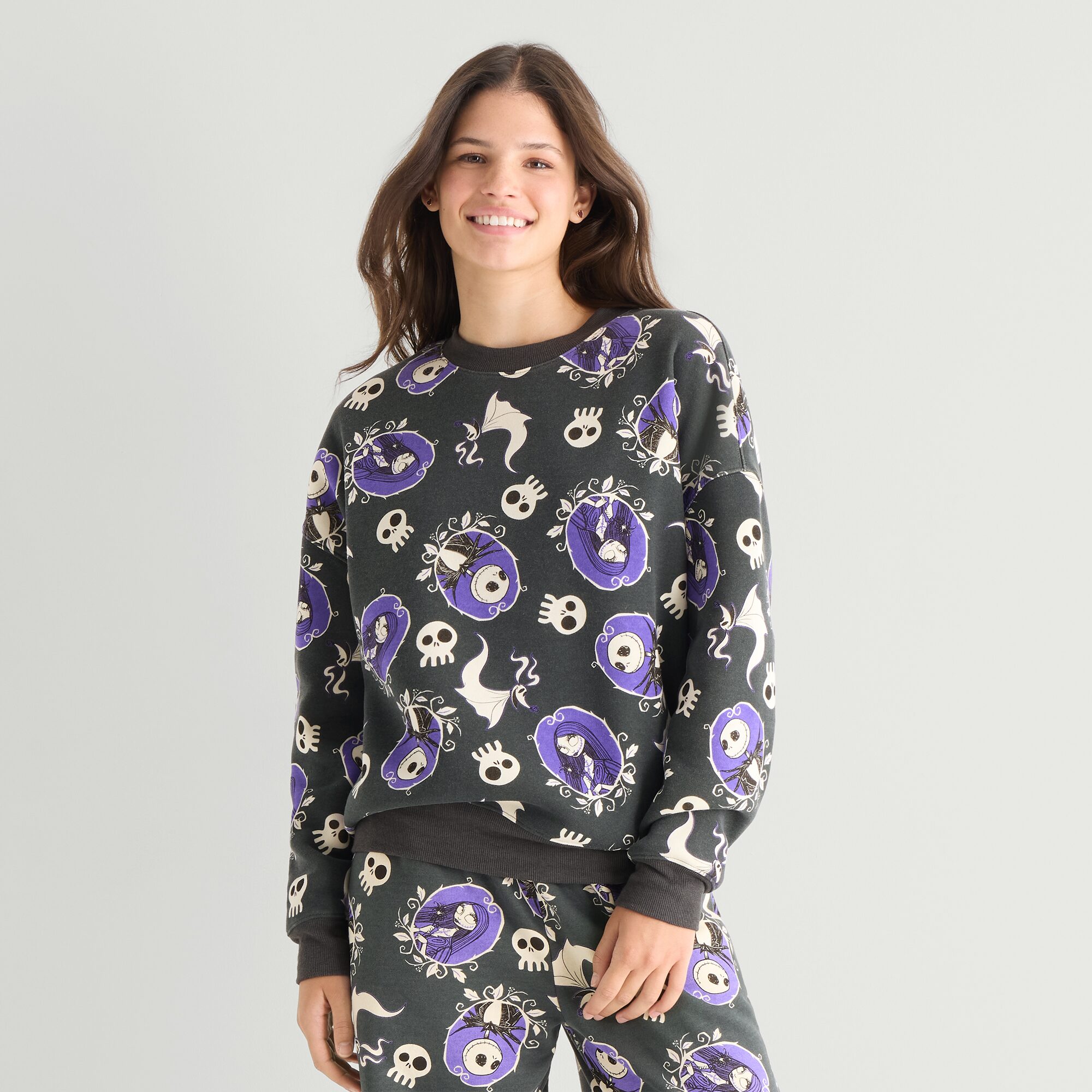 Mad Engine Jack Sally Zero Pattern Womens Juniors Crew Neck Long Sleeve Sweatshirt