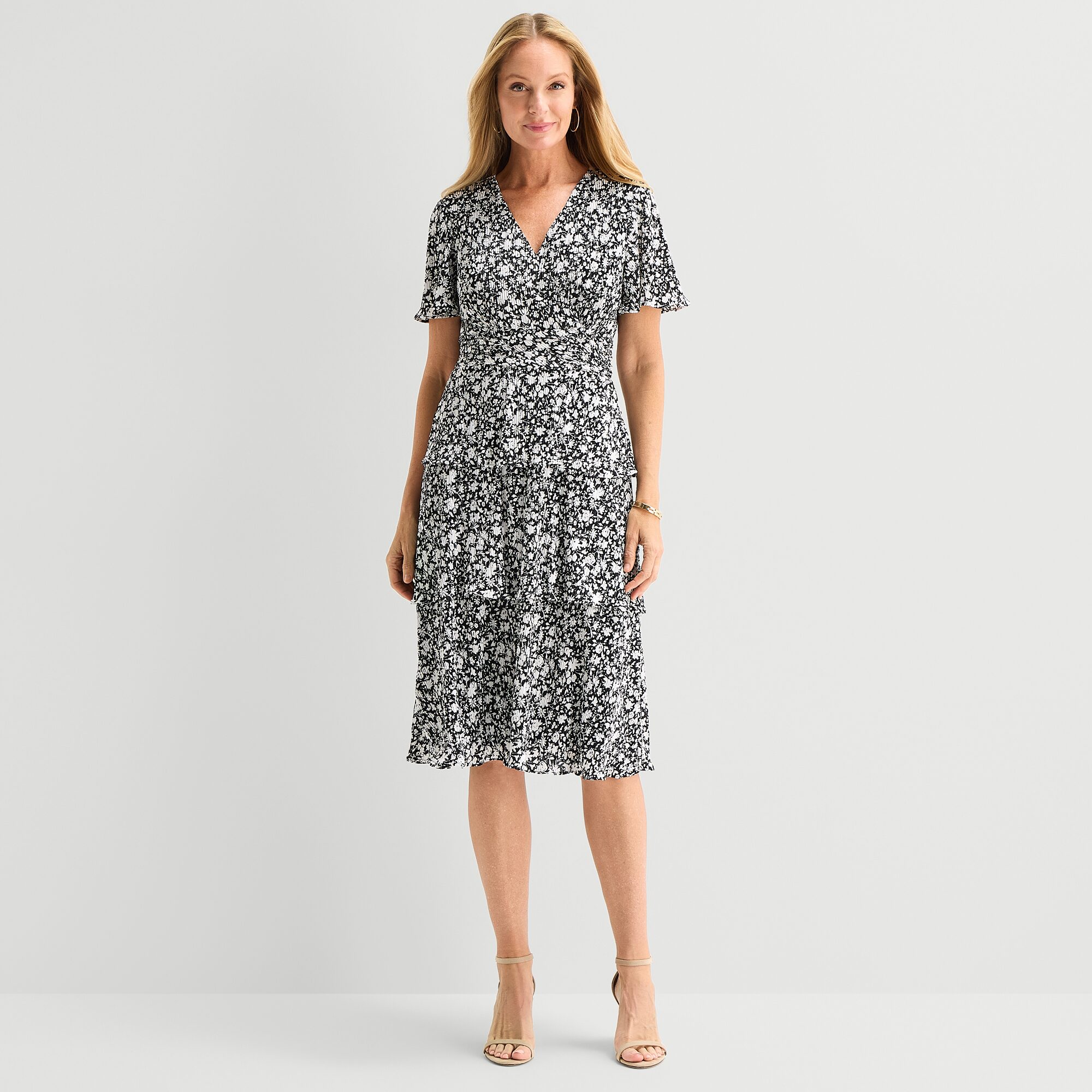 Perceptions Womens Midi V Neck Short Sleeve Flutter Floral Fit + Flare Dress
