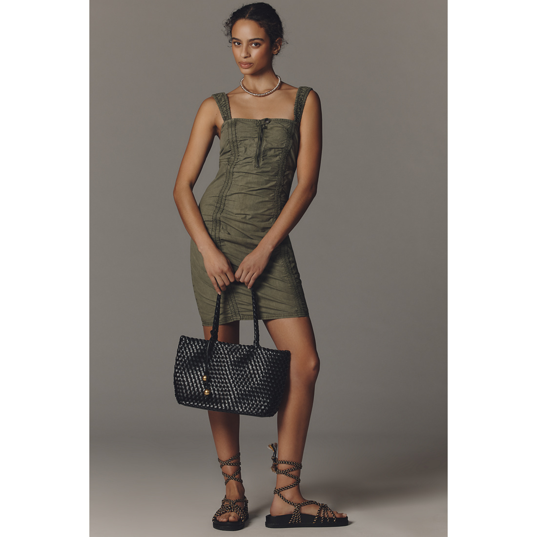 slim fit dress slacks Iridescent Plunge Maxi Dress Olive Green