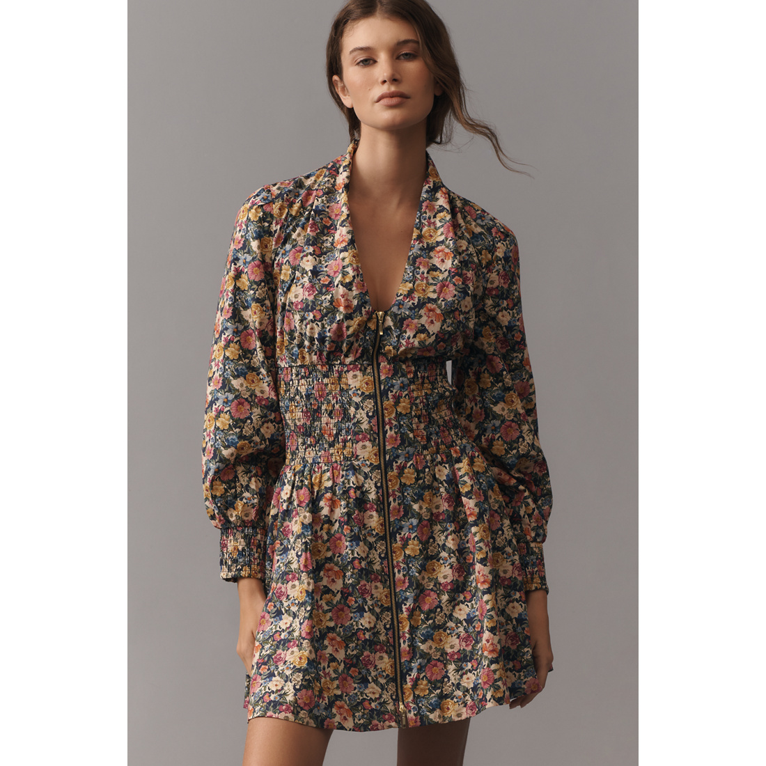Anthropologie Tommie Long-Sleeve Smocked Front-Zip Mini Shirt Dress by  Anthropologie available now at The Westchester