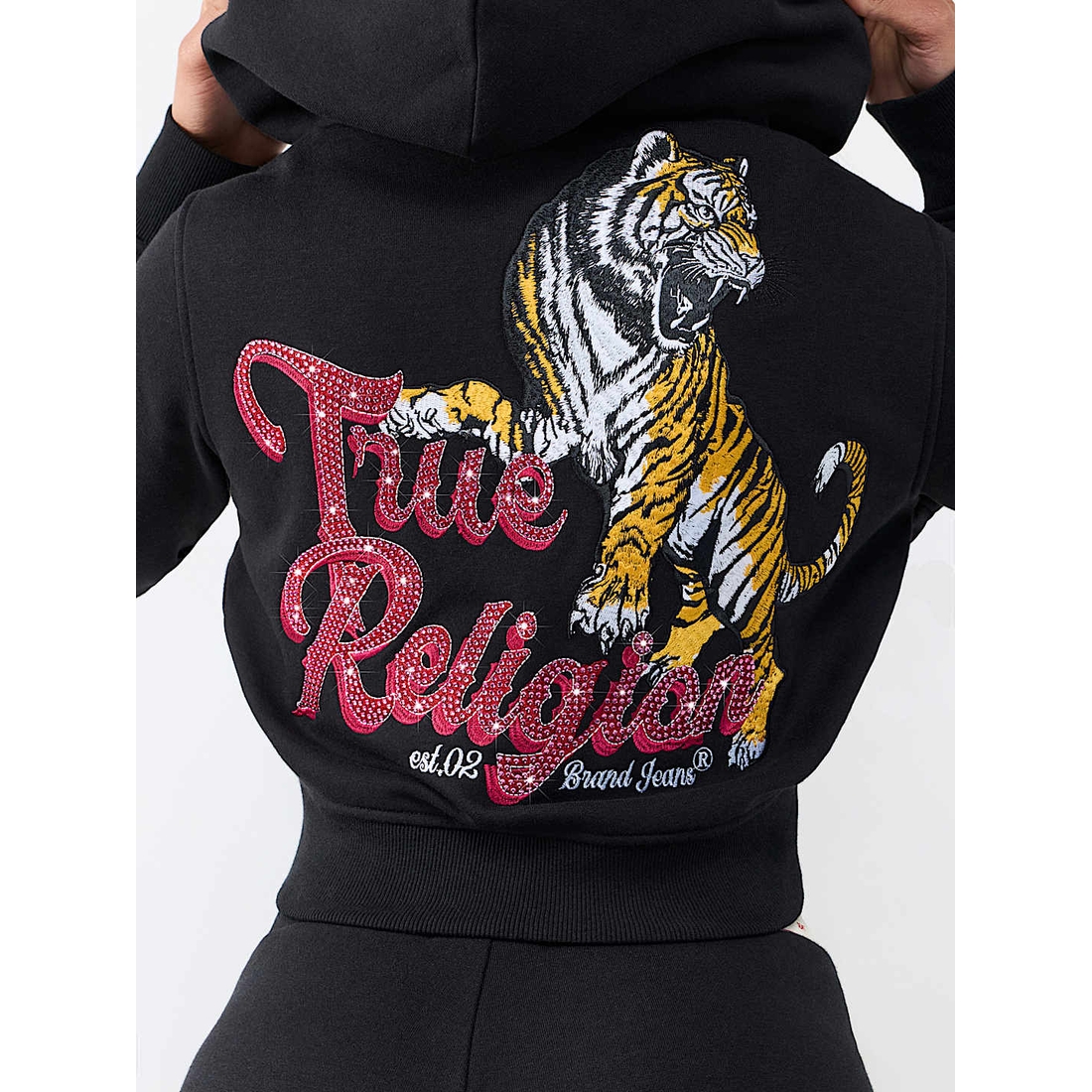 True Religion Outlet Crystal Tiger Shrunken Zip Hoodie available