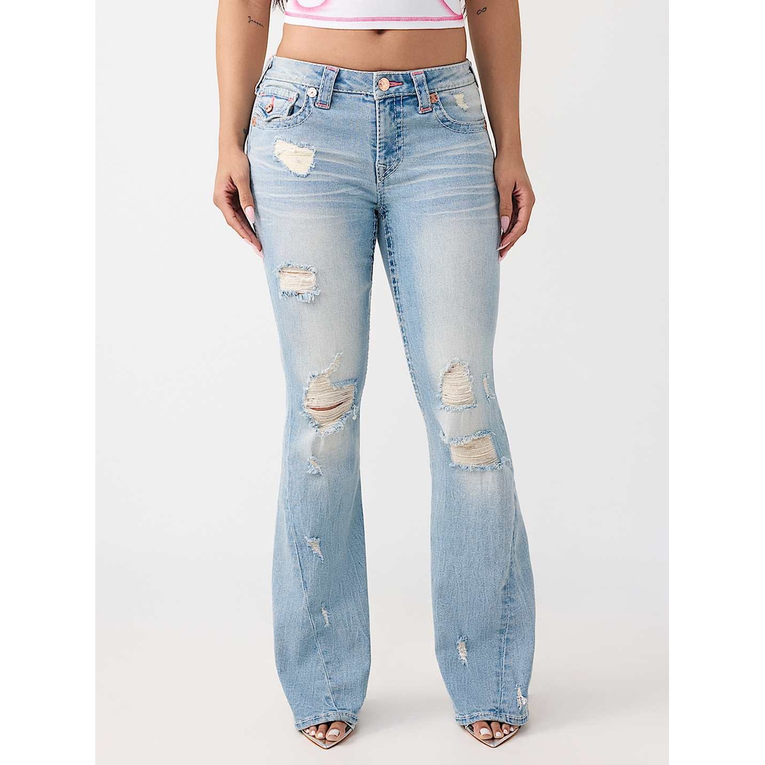 True Religion Outlet Joey Mid Rise Big T Flap Flare Jean available