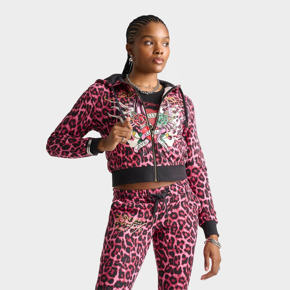 JD Ed Hardy Women's Pink Panther Leopard Relaxed Full-Zip Hoodie