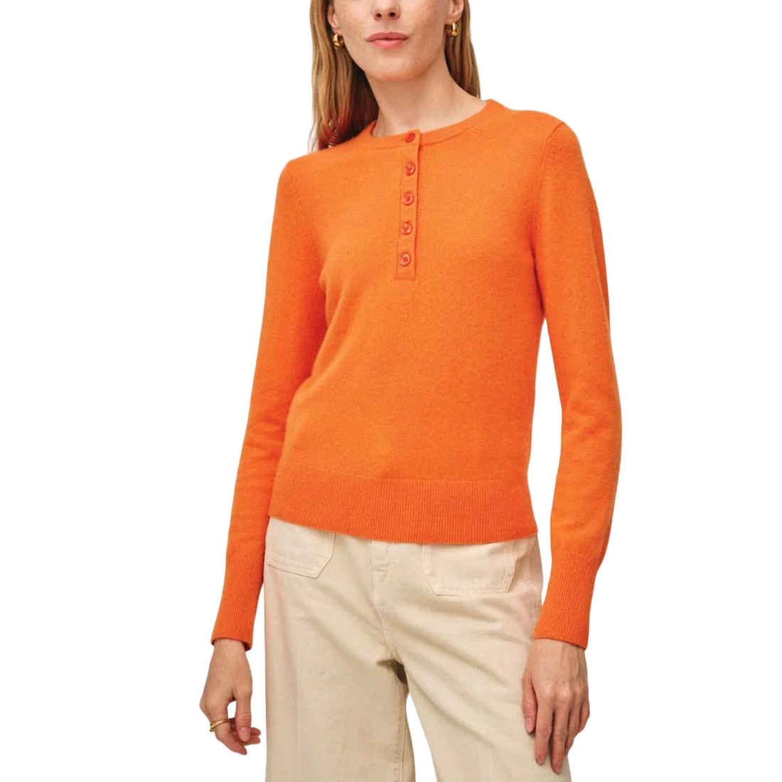 Cashmere Button Henley Top In Bright Tangerine available now Cashmere Button Henley Top In Bright Tangerine available now