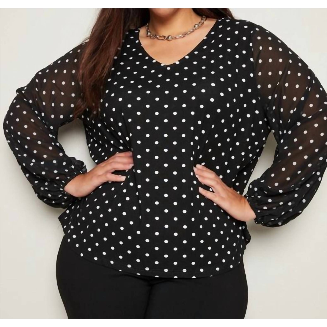 Plus Size - Polka Dot Long Sleeve Blouse In Black/white