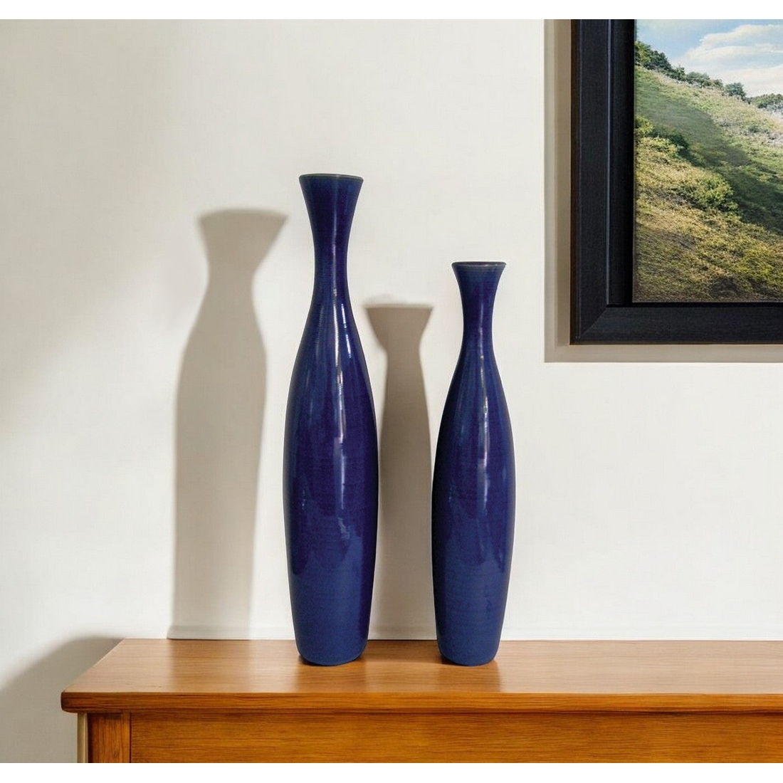 Set Of 2 Deep Indigo Blue Ceramic Tall Thin Vases