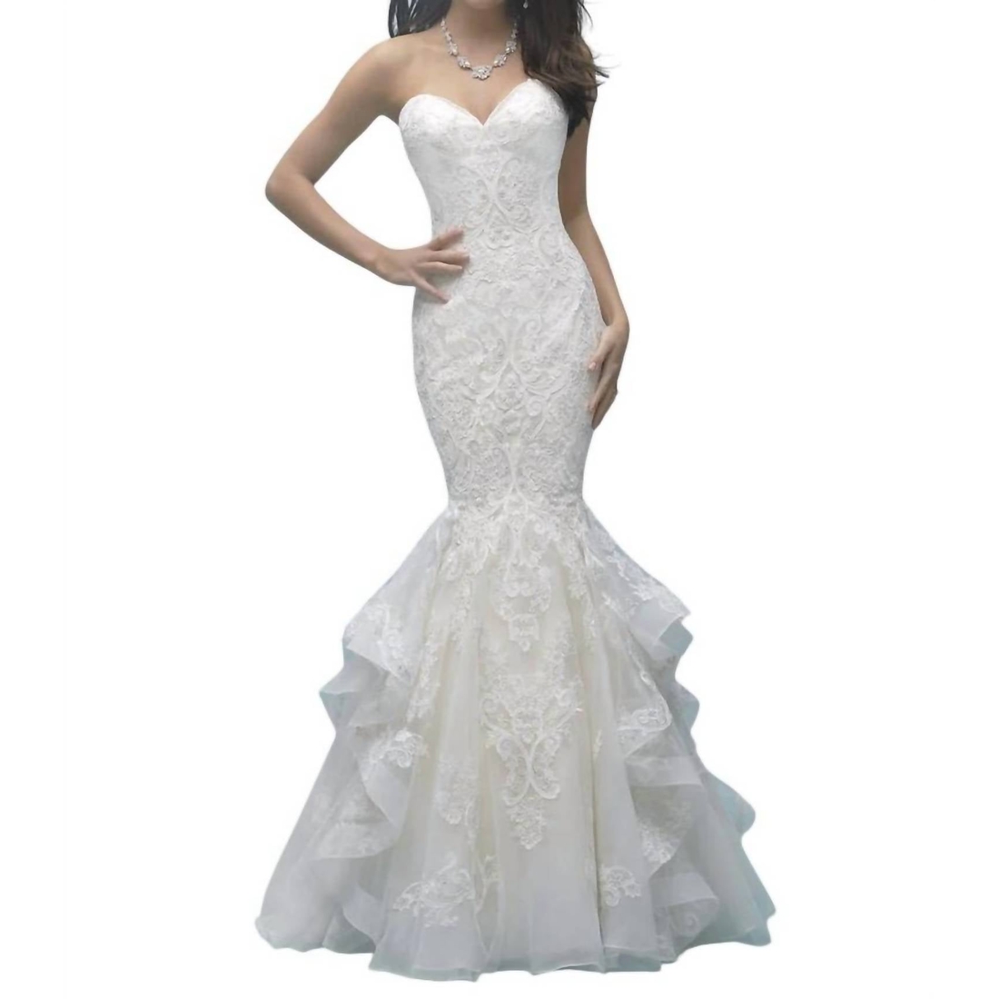 Strapless Ruffled Lace Mermaid Wedding Gown In Gold/ivory/silver available  now from ShopSimon