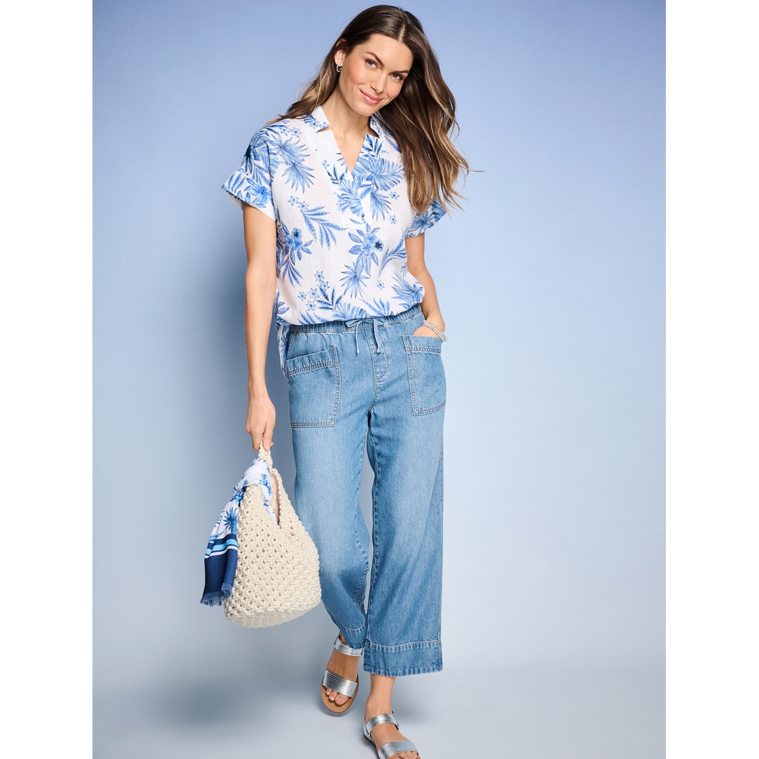 Extended Shoulder Linen Popover Shirt - Painted Palms available