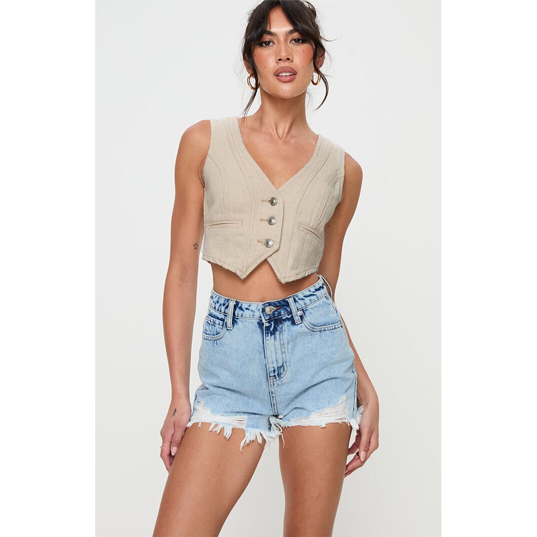 Beige denim shorts online